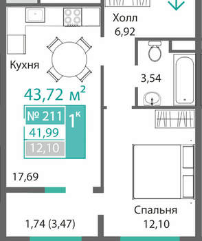 1-к квартира, вторичка, 42м2, 2/9 этаж