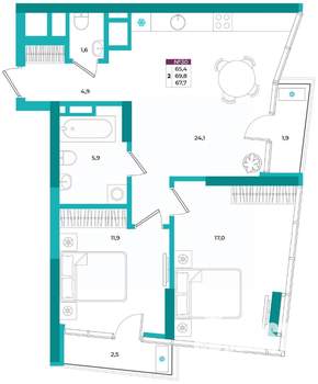 2-к квартира, вторичка, 68м2, 6/24 этаж