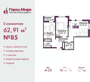 2-к квартира, вторичка, 63м2, 5/16 этаж
