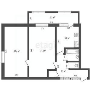 2-к квартира, вторичка, 51м2, 1/5 этаж