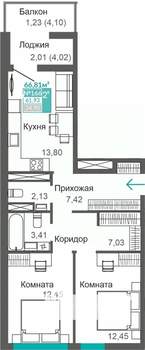 2-к квартира, строящийся дом, 62м2, 8/9 этаж