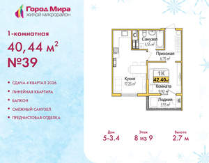 1-к квартира, вторичка, 40м2, 8/9 этаж