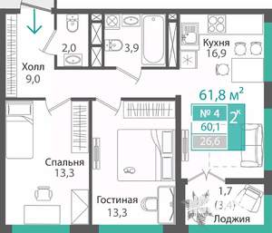 2-к квартира, строящийся дом, 60м2, 7/16 этаж