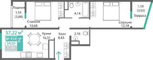 2-к квартира, строящийся дом, 57м2, 9/9 этаж