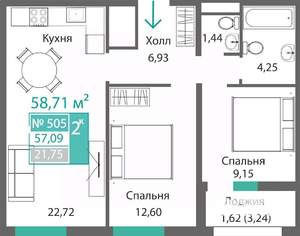 2-к квартира, вторичка, 59м2, 6/9 этаж