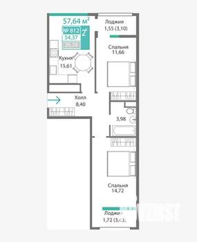 2-к квартира, вторичка, 58м2, 8/9 этаж