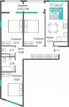 3-к квартира, строящийся дом, 78м2, 2/9 этаж