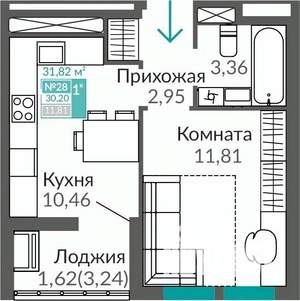 1-к квартира, строящийся дом, 30м2, 5/9 этаж