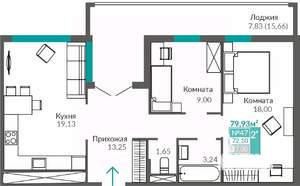 2-к квартира, строящийся дом, 72м2, 7/9 этаж