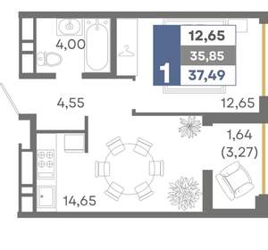 1-к квартира, вторичка, 37м2, 12/16 этаж