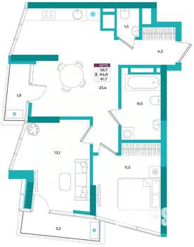 2-к квартира, вторичка, 62м2, 12/24 этаж