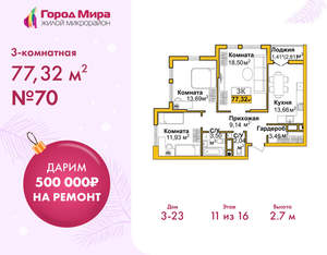 3-к квартира, вторичка, 77м2, 11/16 этаж