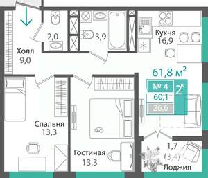 2-к квартира, строящийся дом, 60м2, 11/16 этаж