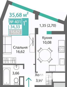 1-к квартира, строящийся дом, 36м2, 8/9 этаж