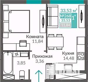 1-к квартира, строящийся дом, 34м2, 3/9 этаж