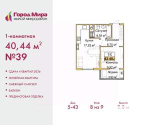 1-к квартира, вторичка, 40м2, 8/9 этаж