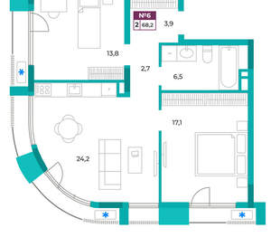 2-к квартира, вторичка, 68м2, 2/9 этаж