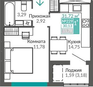 1-к квартира, вторичка, 30м2, 6/9 этаж