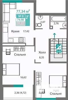 2-к квартира, вторичка, 75м2, 2/10 этаж