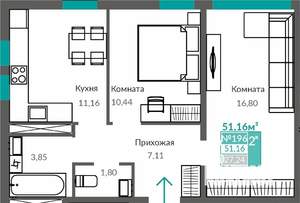 2-к квартира, строящийся дом, 51м2, 3/9 этаж