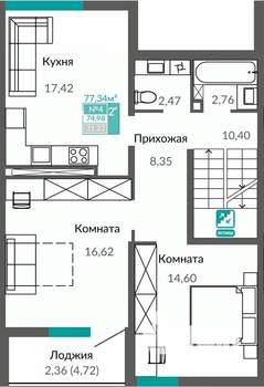 2-к квартира, строящийся дом, 75м2, 2/2 этаж
