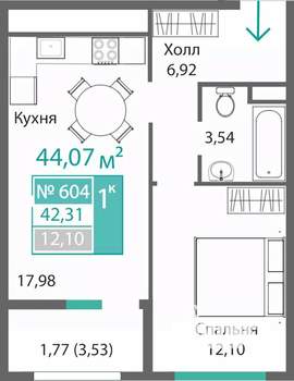 1-к квартира, вторичка, 42м2, 6/9 этаж