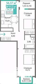 2-к квартира, строящийся дом, 56м2, 9/9 этаж