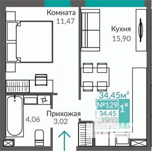 1-к квартира, строящийся дом, 34м2, 1/9 этаж
