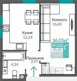 1-к квартира, строящийся дом, 36м2, 1/9 этаж