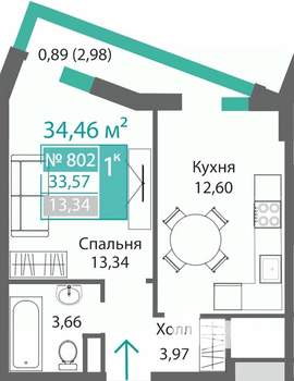 1-к квартира, строящийся дом, 34м2, 9/9 этаж