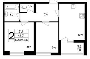 2-к квартира, вторичка, 50м2, 9/9 этаж