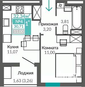 1-к квартира, строящийся дом, 31м2, 2/9 этаж