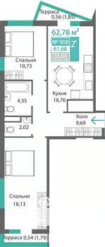2-к квартира, строящийся дом, 63м2, 9/9 этаж