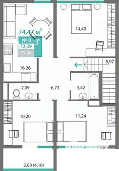 3-к квартира, строящийся дом, 72м2, 2/2 этаж