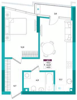 1-к квартира, вторичка, 44м2, 2/24 этаж