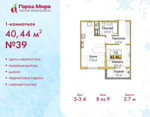 1-к квартира, вторичка, 40м2, 8/9 этаж