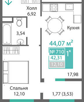 1-к квартира, вторичка, 42м2, 7/9 этаж