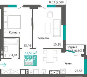 2-к квартира, вторичка, 61м2, 2/7 этаж