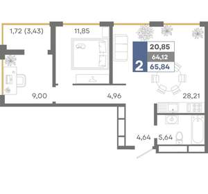 2-к квартира, вторичка, 66м2, 12/16 этаж