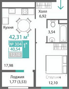 1-к квартира, строящийся дом, 42м2, 3/9 этаж