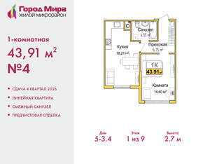 1-к квартира, вторичка, 44м2, 1/9 этаж