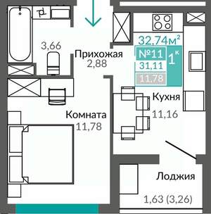 1-к квартира, строящийся дом, 31м2, 2/9 этаж