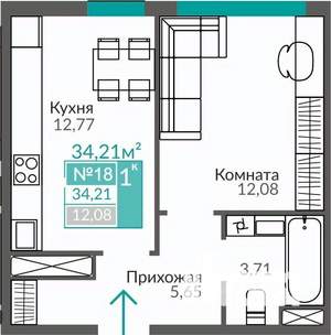 1-к квартира, строящийся дом, 34м2, 3/9 этаж