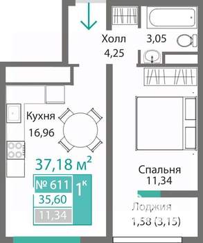 1-к квартира, строящийся дом, 37м2, 6/9 этаж