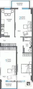 2-к квартира, вторичка, 58м2, 6/9 этаж