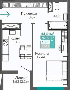 1-к квартира, строящийся дом, 42м2, 8/9 этаж