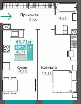 1-к квартира, вторичка, 46м2, 2/9 этаж