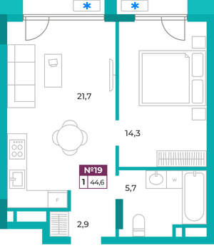 1-к квартира, вторичка, 45м2, 3/9 этаж