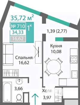 1-к квартира, строящийся дом, 36м2, 7/9 этаж