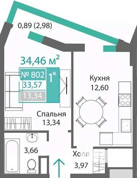 1-к квартира, строящийся дом, 34м2, 9/9 этаж